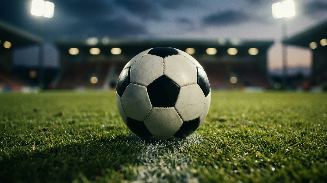 Offizieller Fussball auf dem grünen Rasen kurz vor dem Anstoss eines WM-Spiels