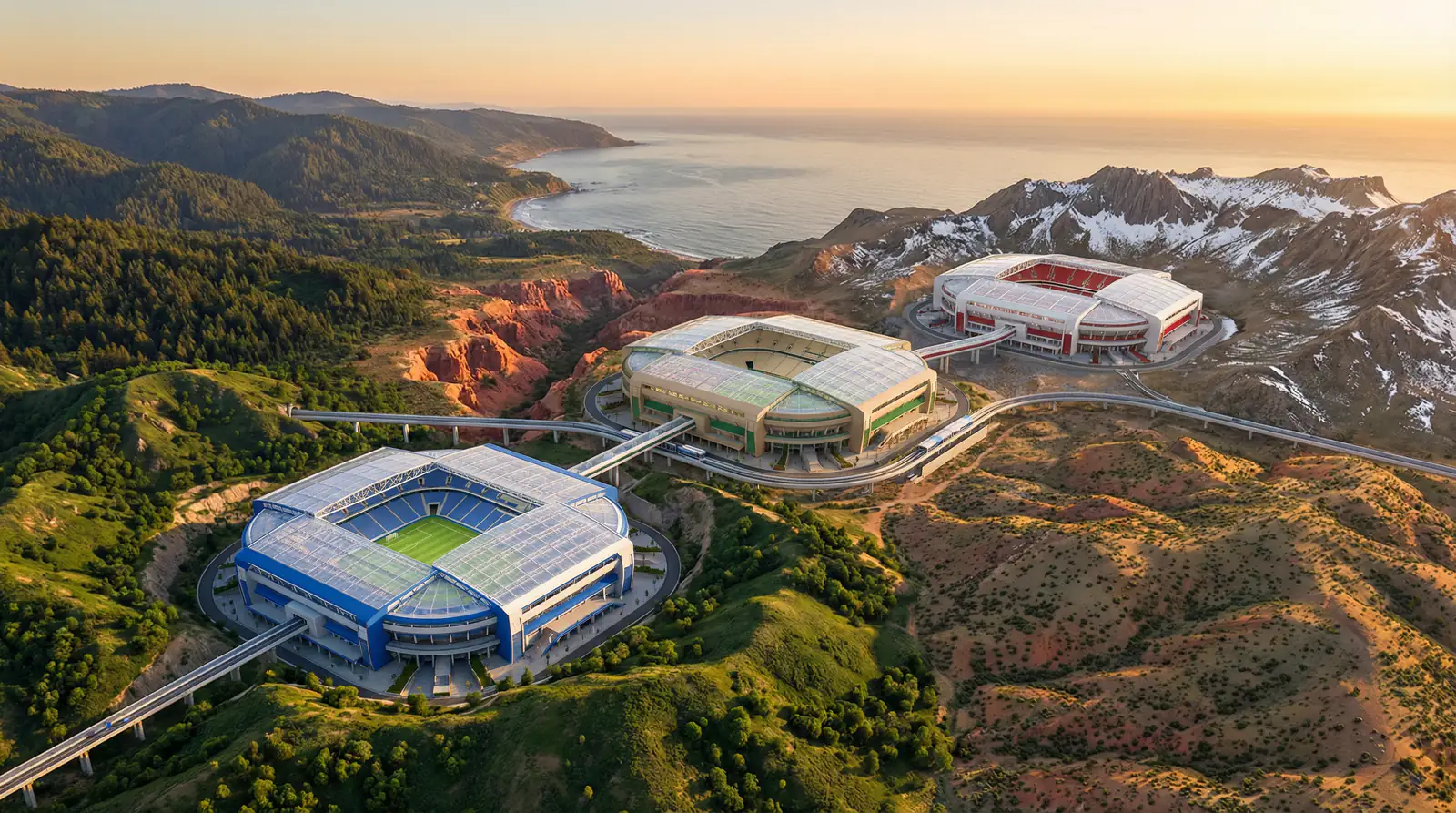 Karte der WM 2026 Gastgeberländer USA, Mexiko und Kanada mit Stadionstandorten