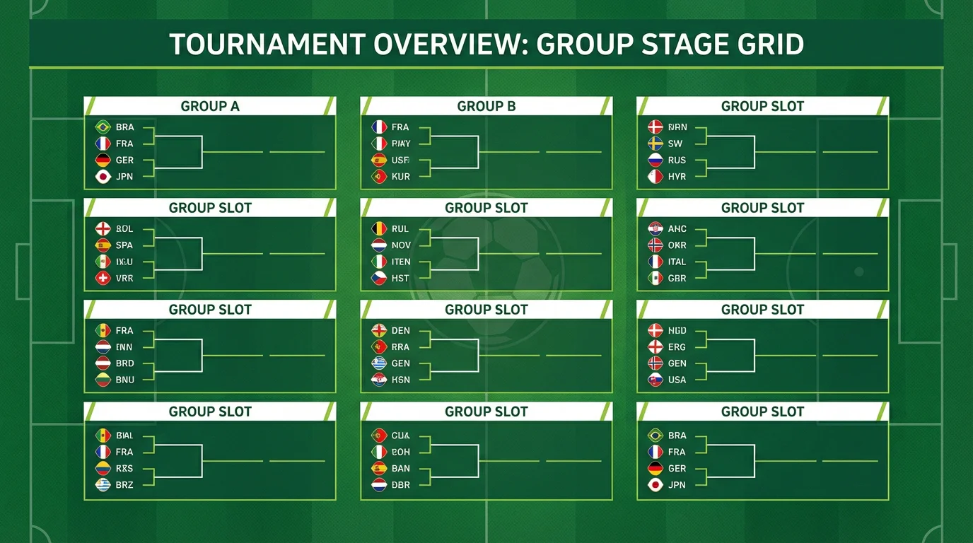 Übersicht der 12 WM-Gruppen mit Flaggen aller 48 Teams