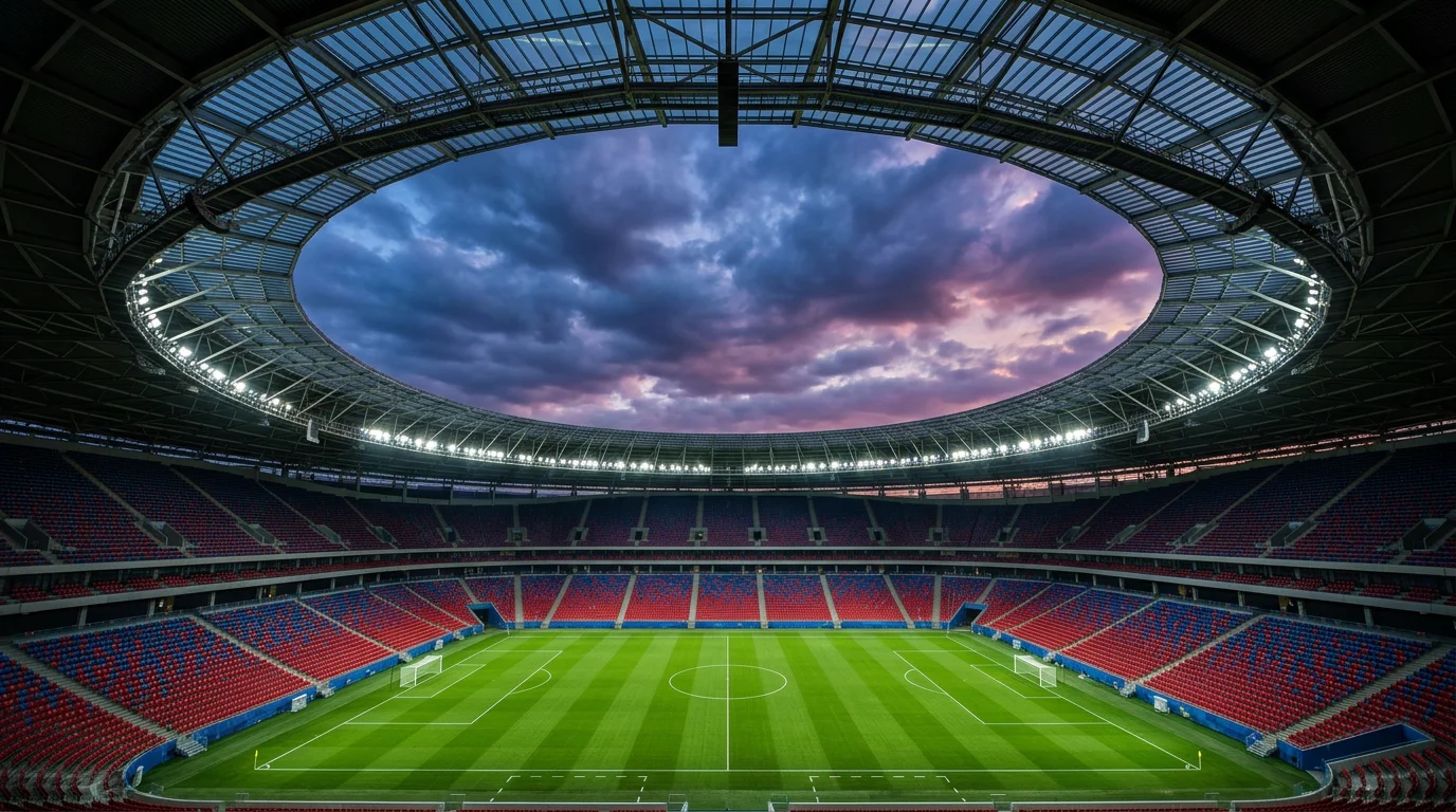 Modernes Fussballstadion unter Flutlicht bereit für WM 2026 Spiele in Nordamerika