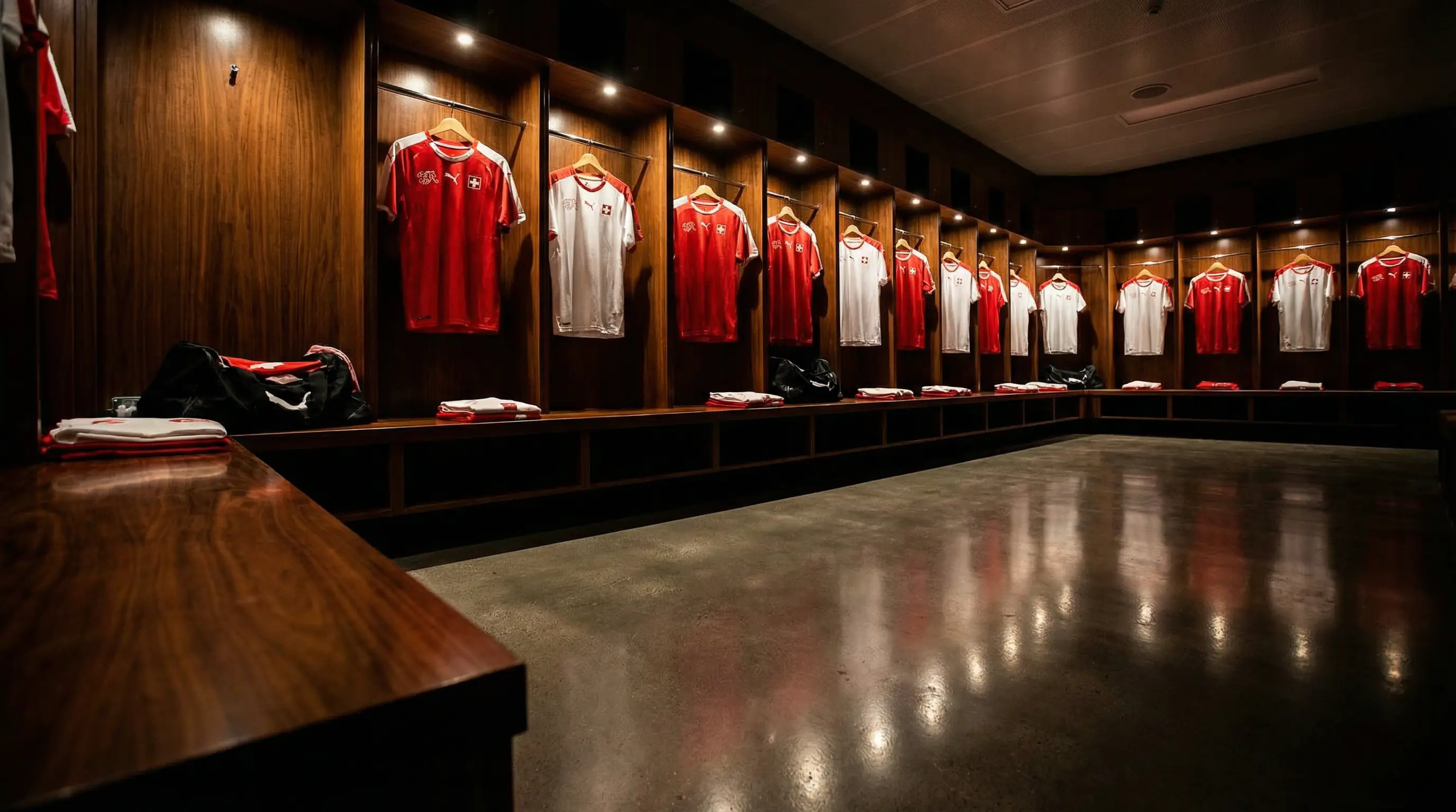 Rote und weisse Schweizer Fussballtrikots aufgereiht in der Kabine vor einem wichtigen Länderspiel
