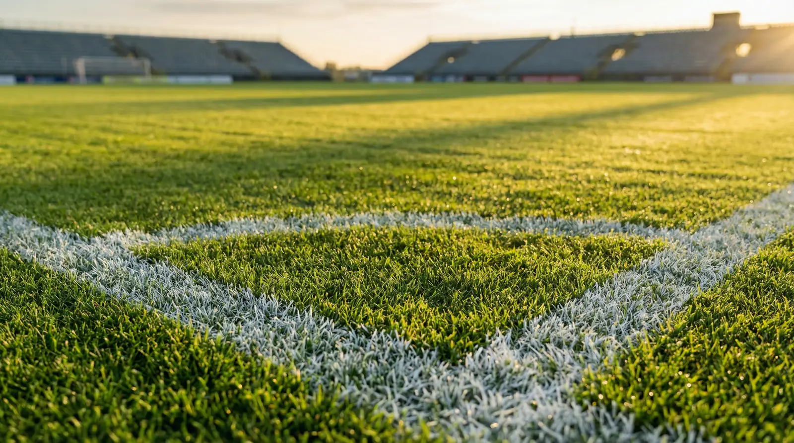 Gepflegter Fussballrasen mit Mittelkreis und Seitenlinien im Abendlicht