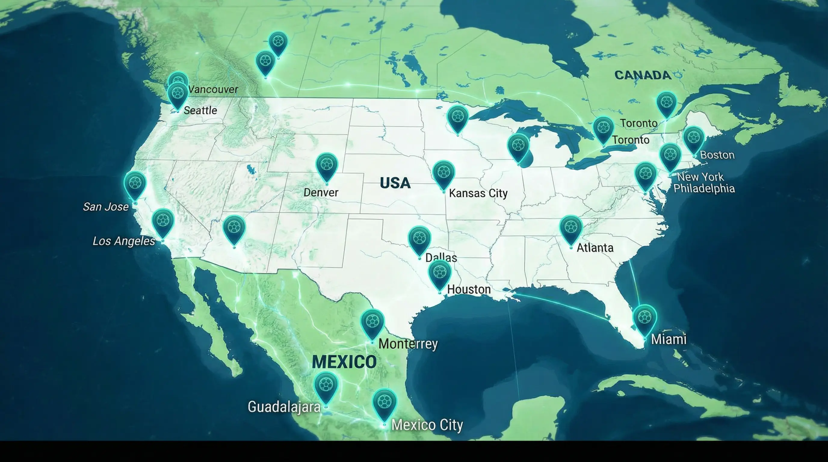 Übersichtskarte mit allen 16 WM-Stadionstandorten in den USA, Mexiko und Kanada