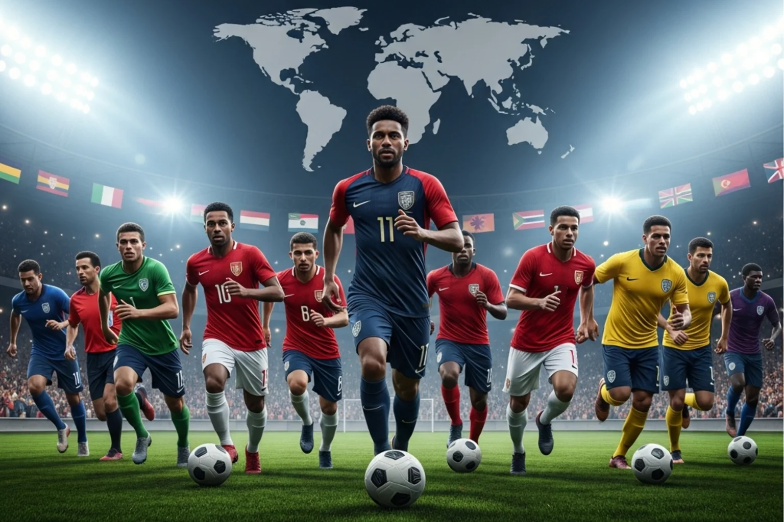 Collage internationaler Fussballspieler vor Weltkarte mit WM-Stadien